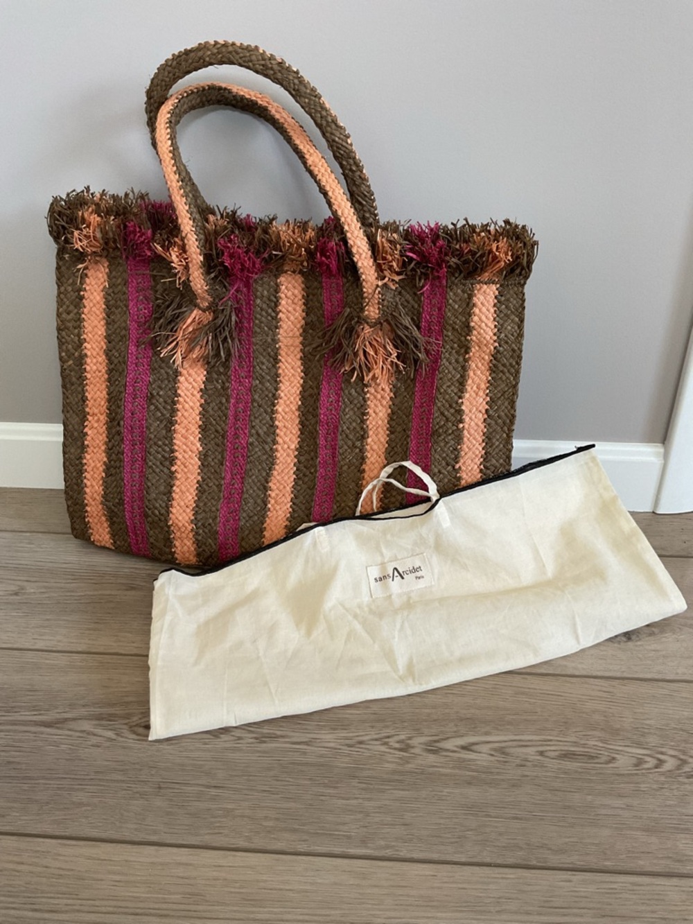 Sans Arcidet Paris Striped Woven Tote Bag in Brown, Peach & Pink